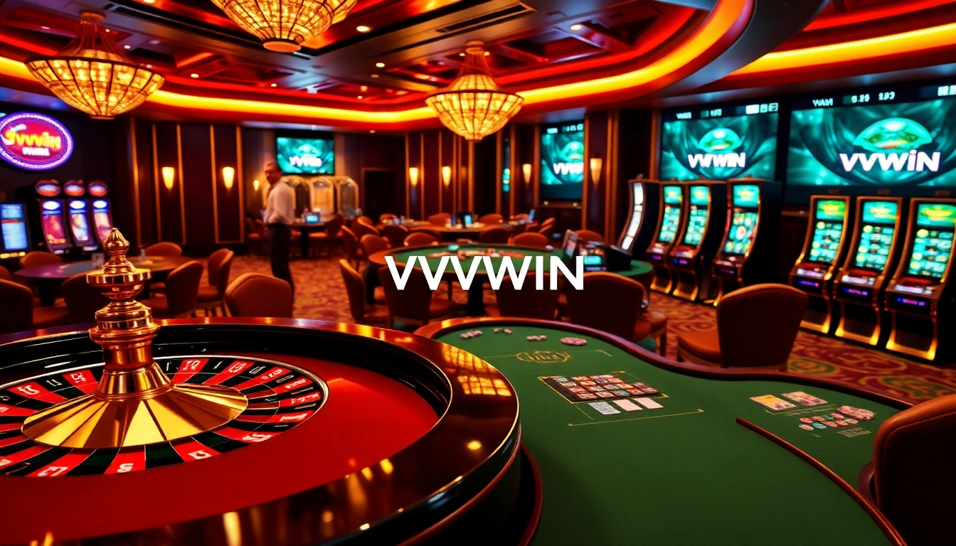 The exciting gaming scene at VVVWIN Casino with roulette, poker tables, and vibrant slot machines.