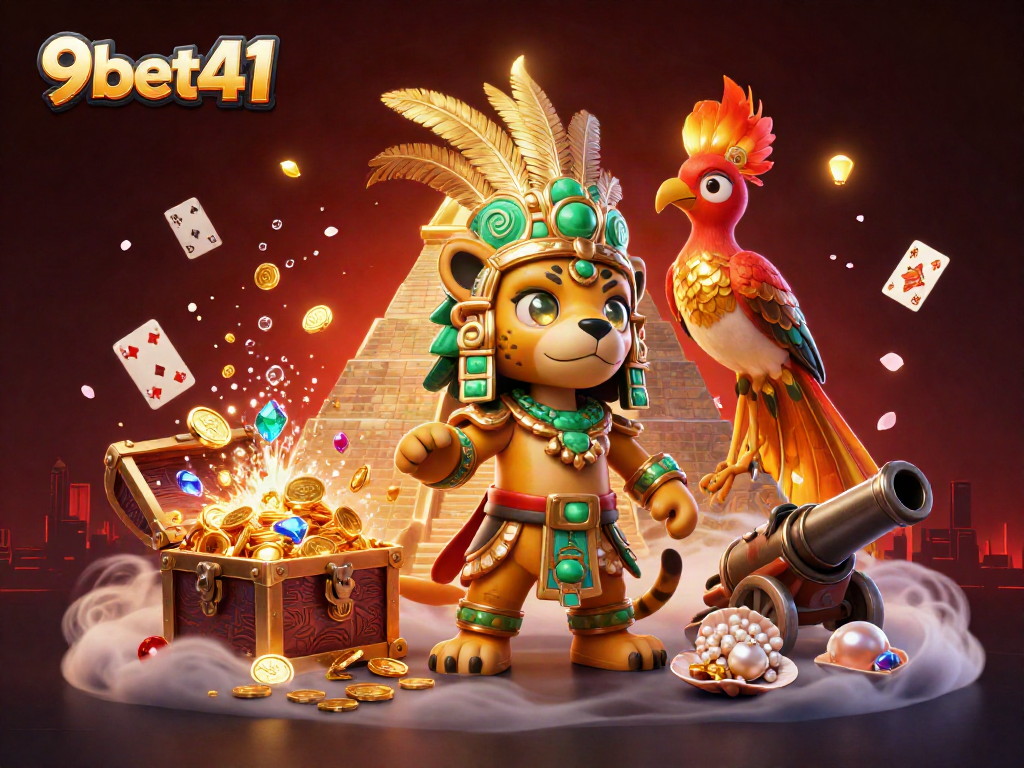 Engage in thrilling gameplay at 9bet41 with a vibrant casino scene featuring dynamic characters and treasures.