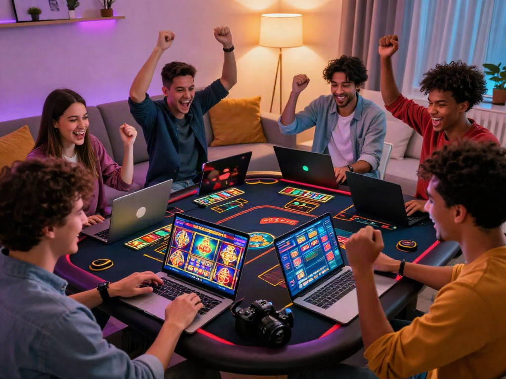 Friends enjoying a lively gaming night with non gamstop casinos on digital devices in a cozy setting.