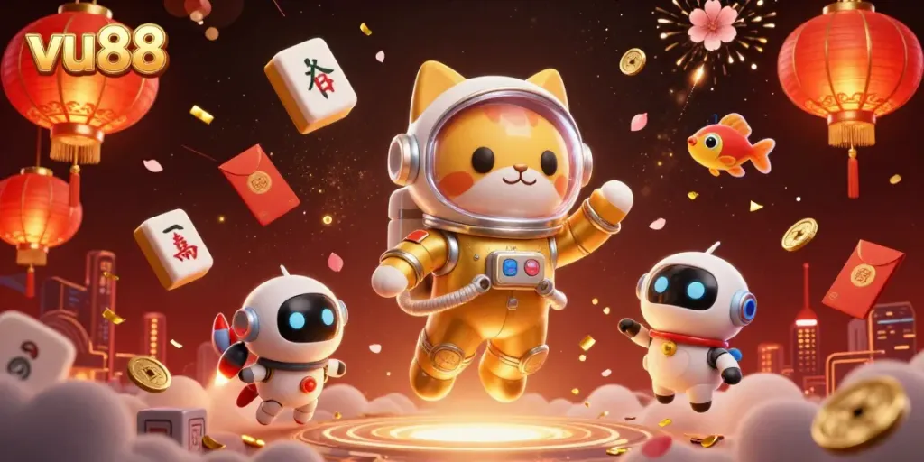 Experience thrilling gameplay at vu88 with an engaging 3D illustration combining vibrant casino elements.