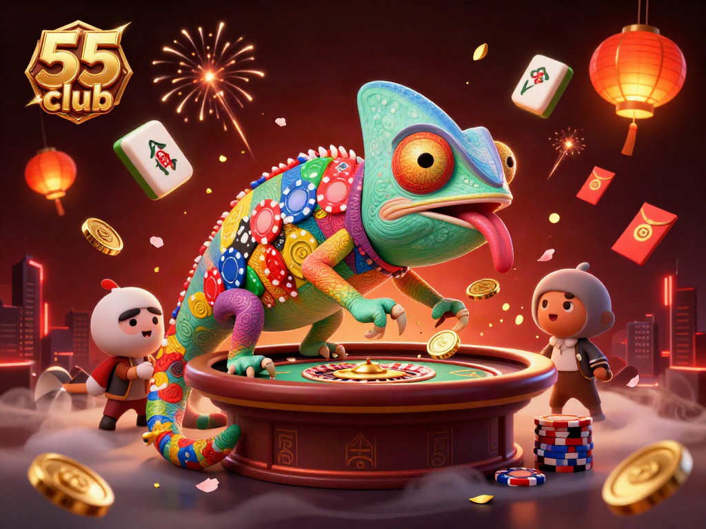 Experience the thrill of 55 club gaming with a dynamic chameleon casino owner and festive elements.