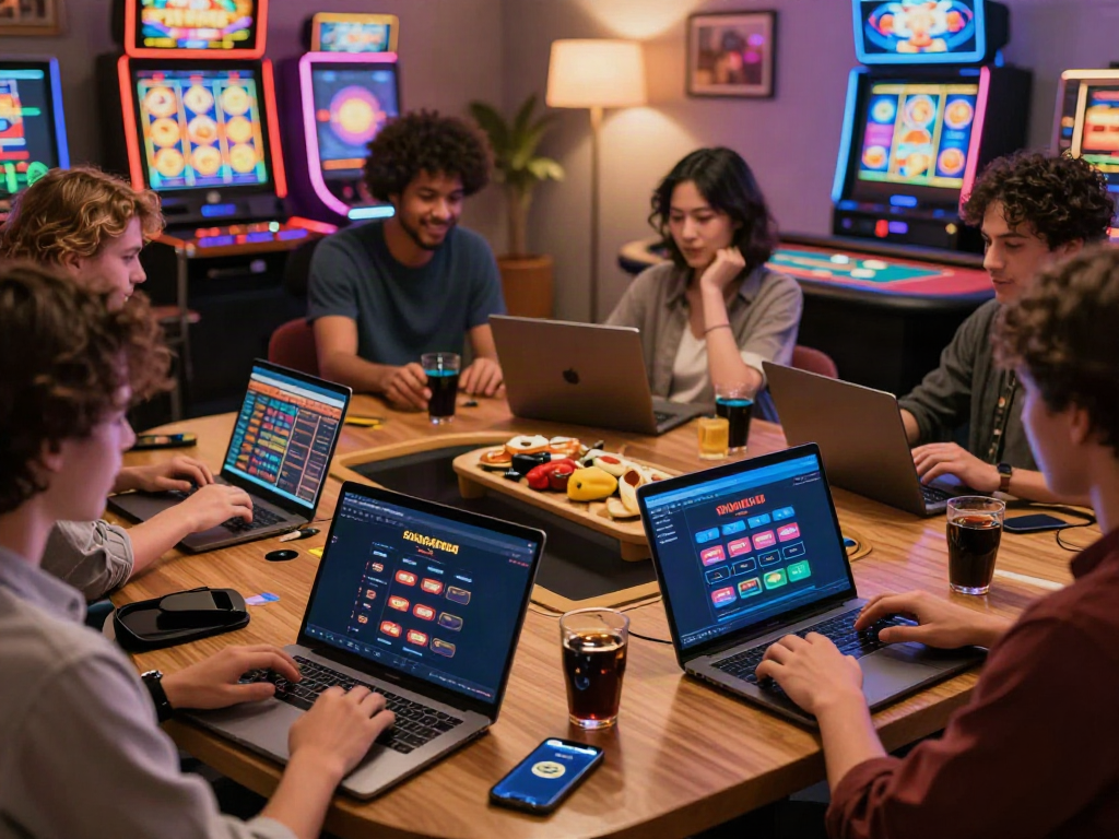 Engaged players enjoying non GamStop casinos on laptops and mobiles in a lively home setting.
