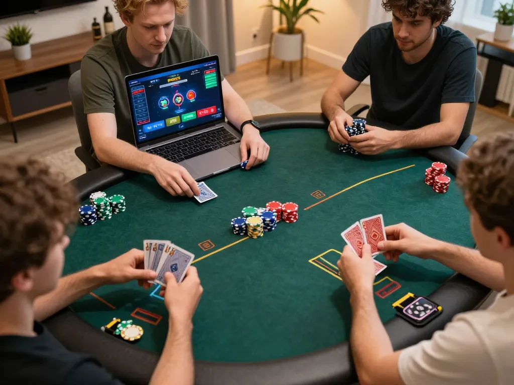 Okfun players engaged in an online poker game, showcasing chips and betting action in a cozy setting.