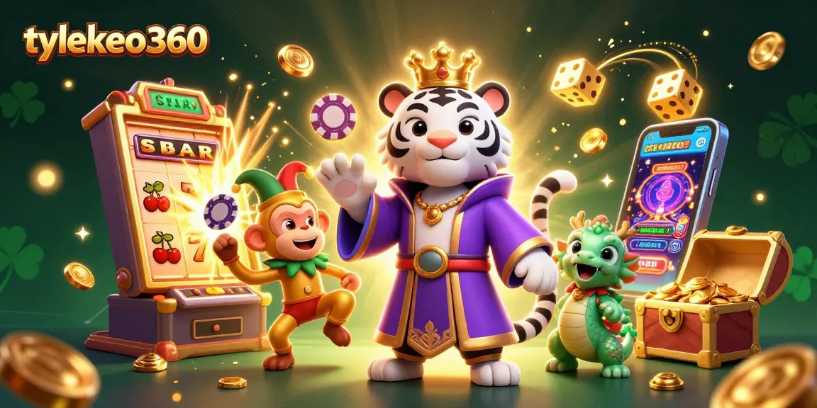 Engage in thrilling updates on tylekeo360 with a vibrant 3D casino illustration showcasing a white tiger and playful monkey.