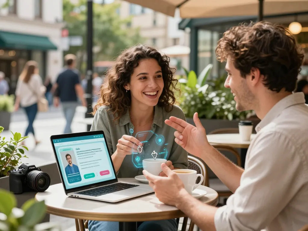 Couple using a sex AI app in a lively cafe setting to enhance their relationship conversations.