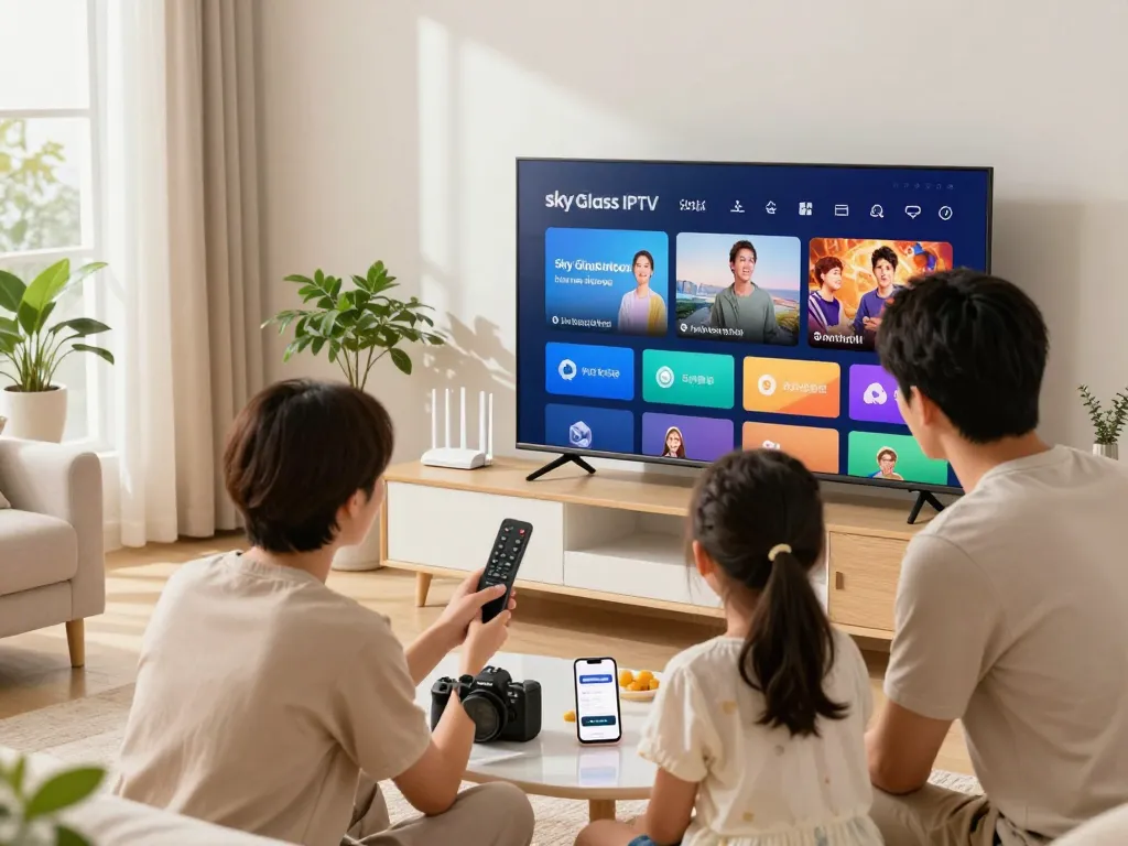 Sky Glass IPTV installation Guide scene of a family setting up their smart TV with joyful interaction.