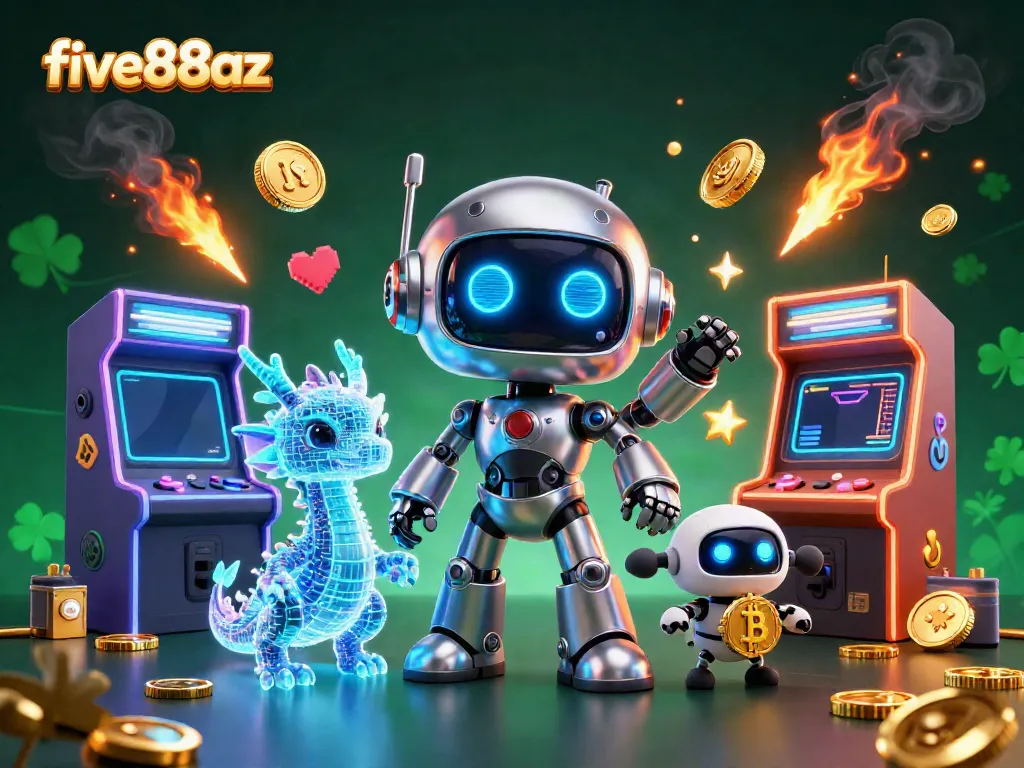 Experience intense gaming action with five88az's vibrant casino universe featuring a cyberpunk robot and AI companions.