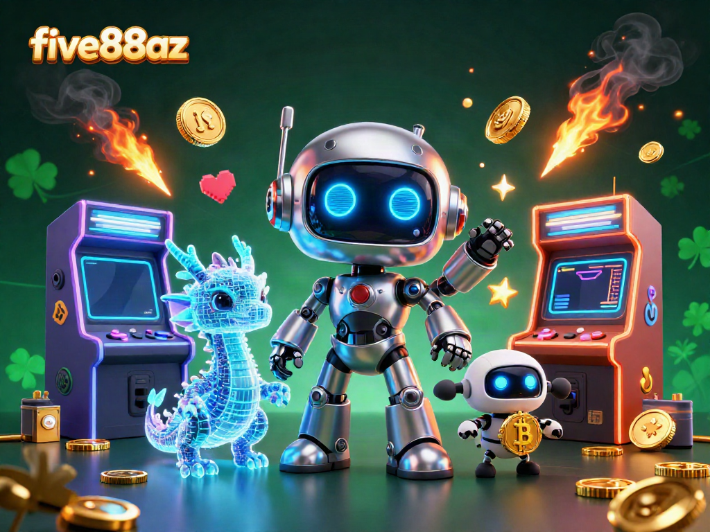 Experience intense gaming action with five88az's vibrant casino universe featuring a cyberpunk robot and AI companions.
