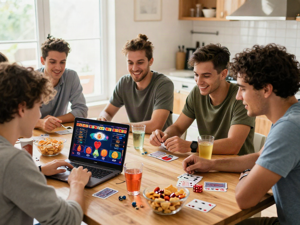 Diverse friends enjoying a gaming session around a laptop, embodying the excitement of non GamStop casinos.