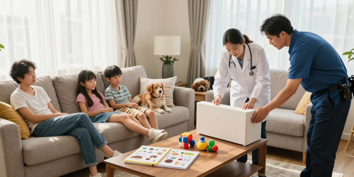 Family relaxing in a bright living room after bed bug heat treatment, with an expert inspecting furniture.