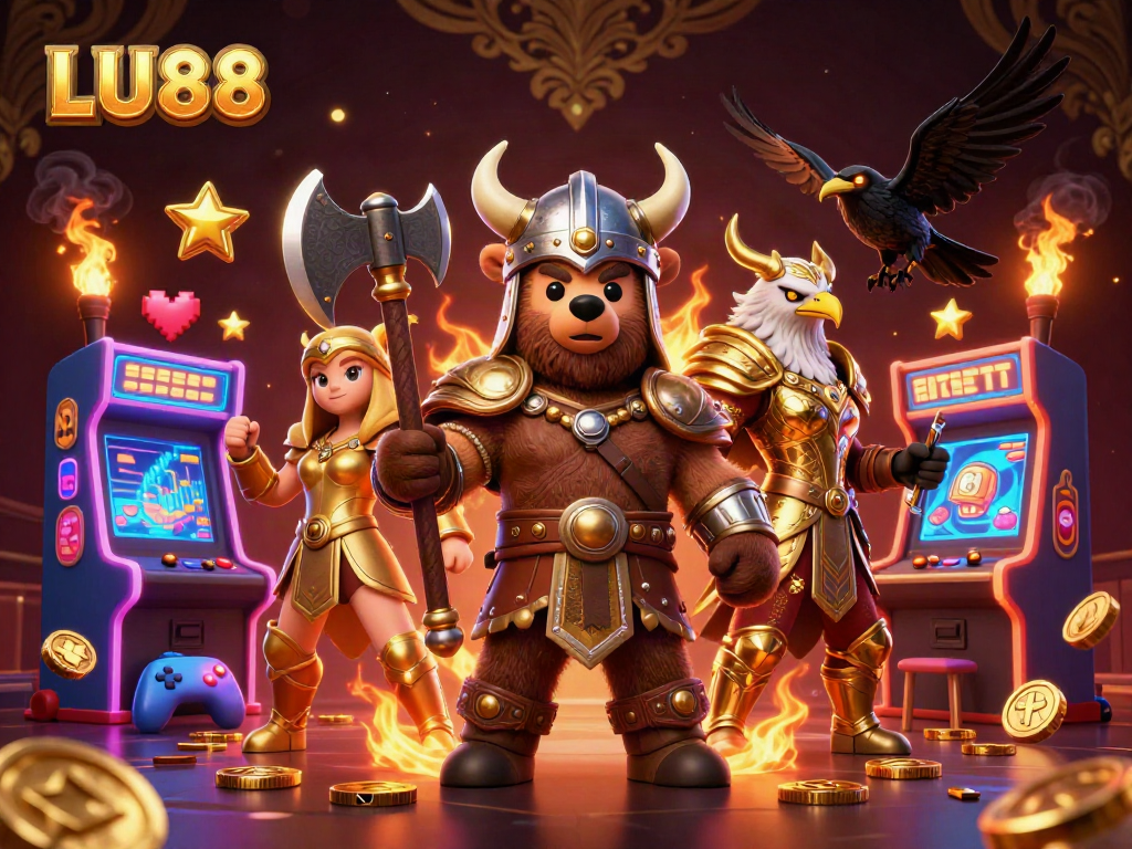 Experience LU88's thrilling gaming atmosphere with dynamic characters and vibrant casino elements.
