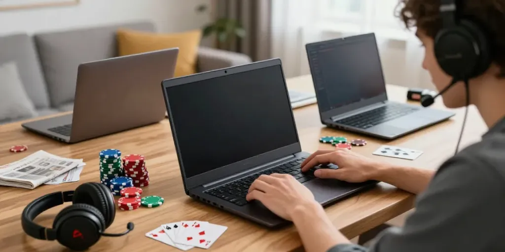 Online player enjoying non gamstop casinos in a cozy living room.