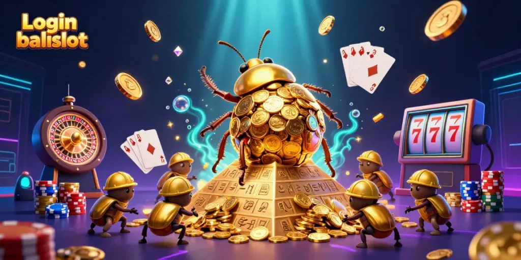 Get ready to login balislot with this vibrant 3D scene featuring golden beetles and casino excitement!