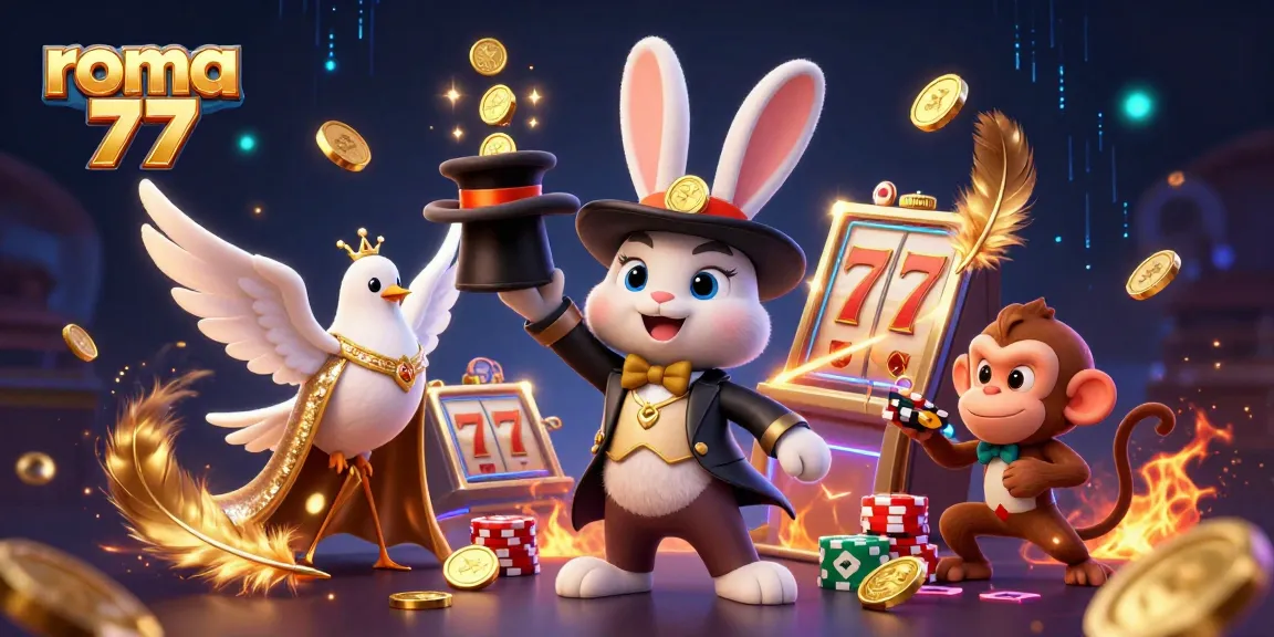 Join the fun at roma 77 as a magician rabbit conjures golden coins amid a lively casino scene.