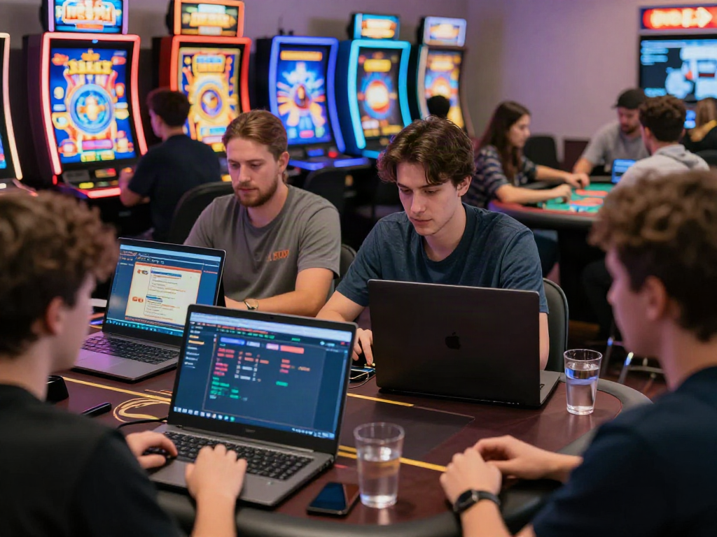 Engaging players enjoying non GamStop casinos on laptops and smartphones in a lively home setting.