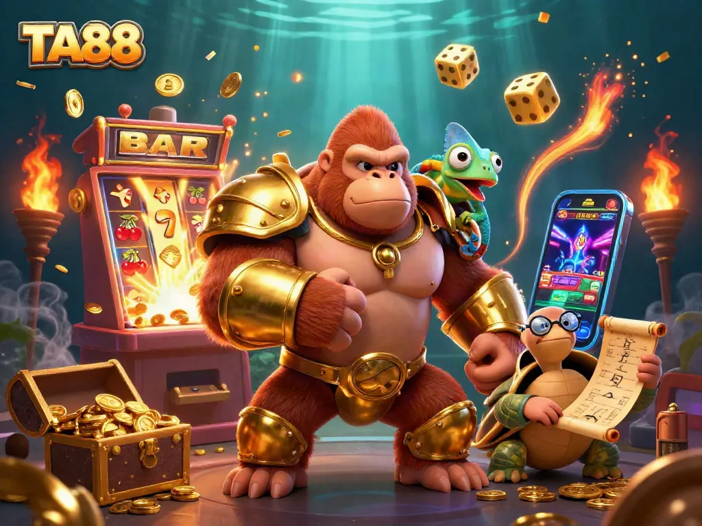 Experience the thrill of TA88 with an immersive 3D scene featuring a gorilla king, chameleon, and tortoise.