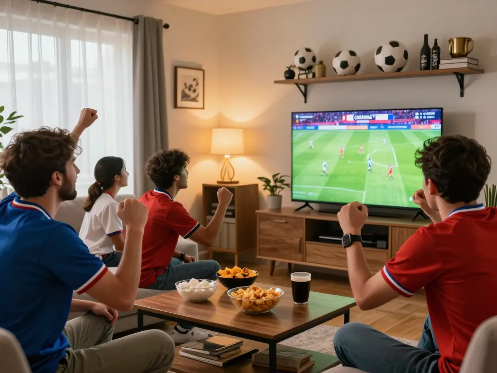 Fans enjoying a live football match at home, celebrating the excitement of Cakhiatv streaming.