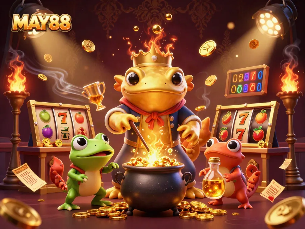 MAY88 showcases a vibrant scene of casino action with lucky symbols and golden elements, capturing the excitement of gaming.