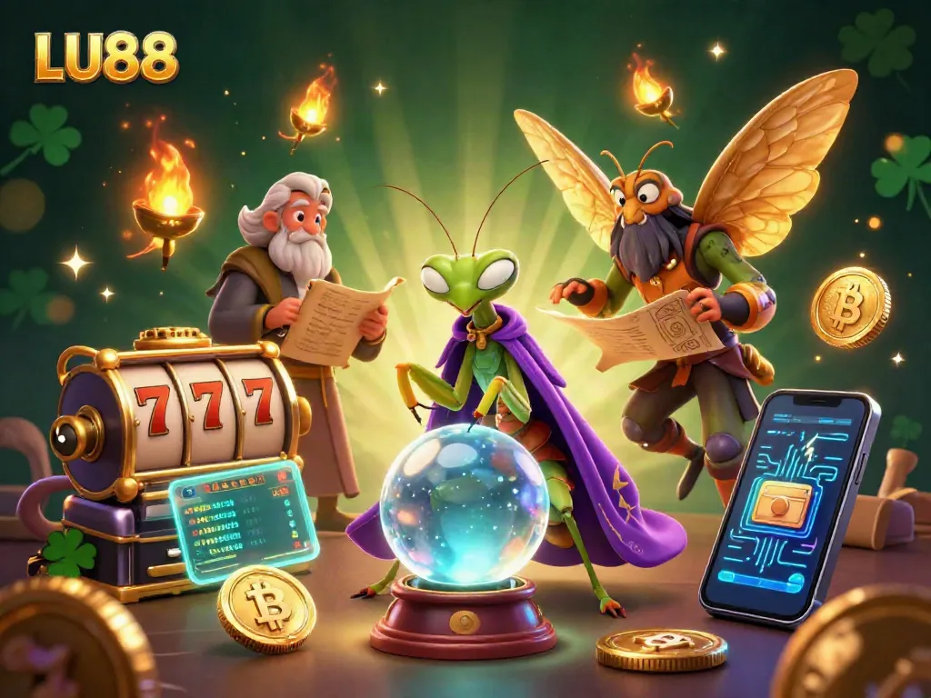 LU88 offers vibrant slot games surrounded by mystical characters and cryptocurrency elements for thrilling gameplay.