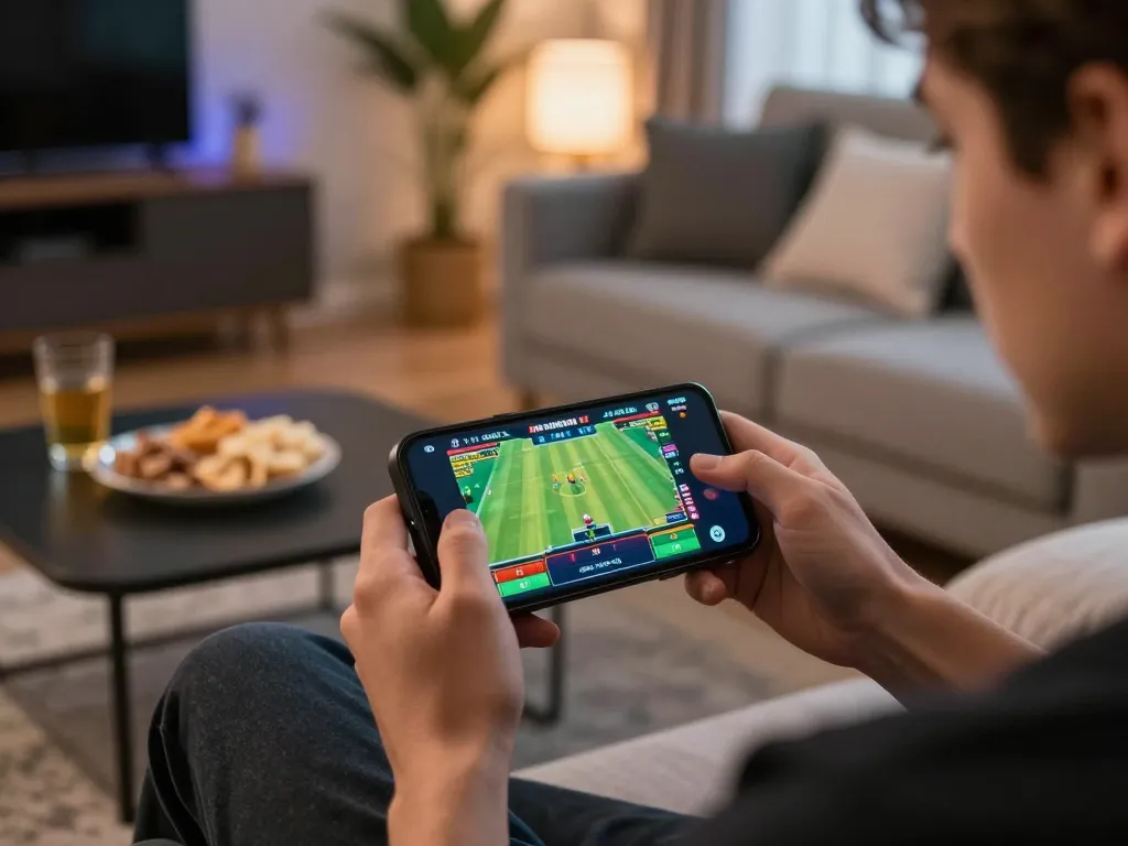 Experience the excitement of betting on 777x with live sports streaming on a smartphone in a cozy home setting.