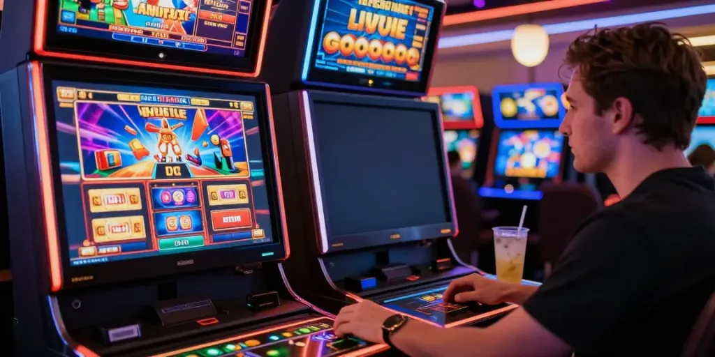 Player immersed at a lively non GamStop casino, engaging with vibrant slot games and digital promotions.