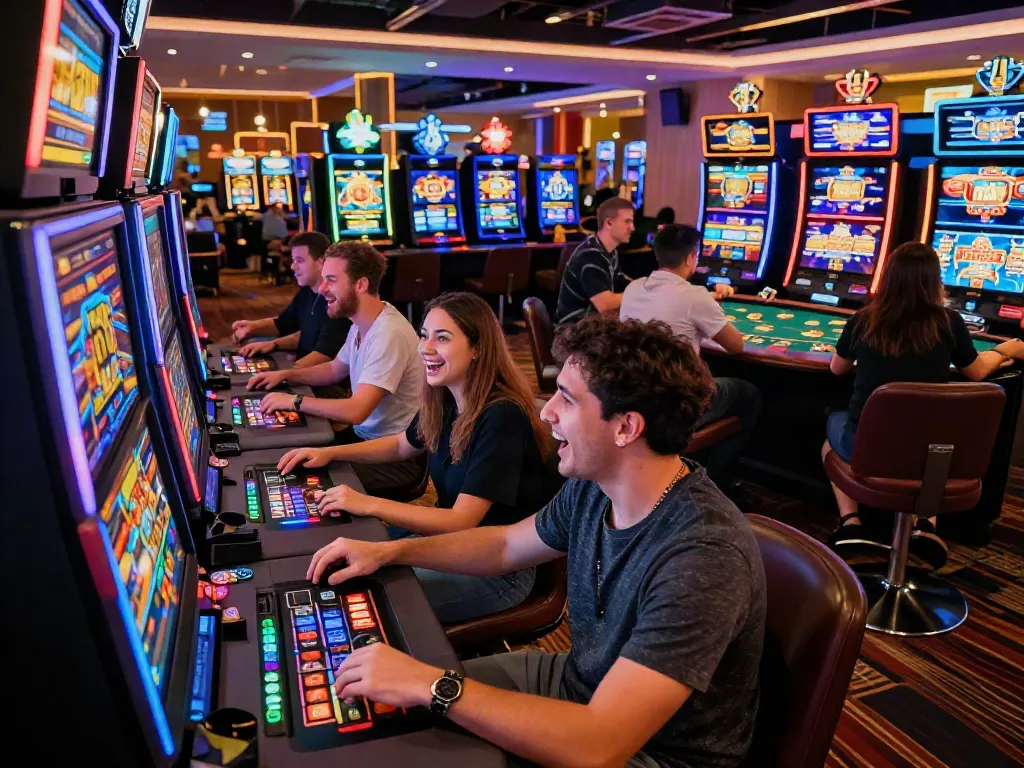 Exciting scene of players enjoying non GamStop casinos, featuring slot machines and poker tables.