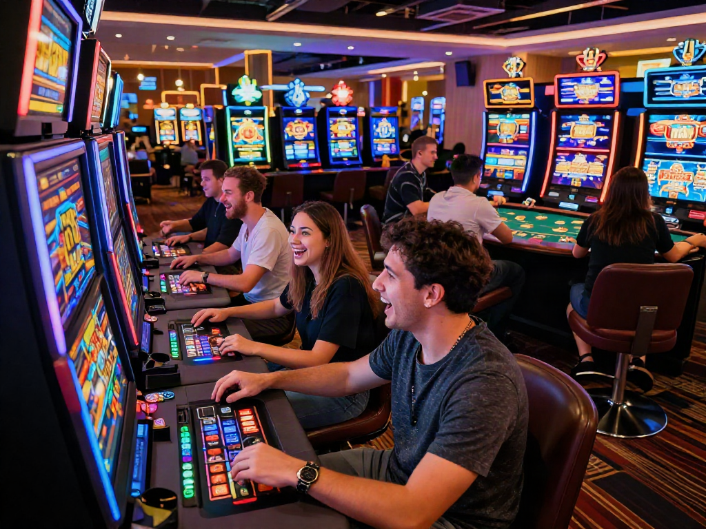 Exciting scene of players enjoying non GamStop casinos, featuring slot machines and poker tables.