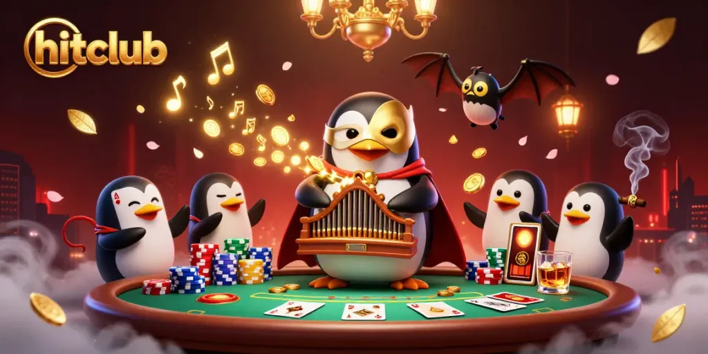 hitclub penguin playing organ in a vibrant casino scene surrounded by poker elements