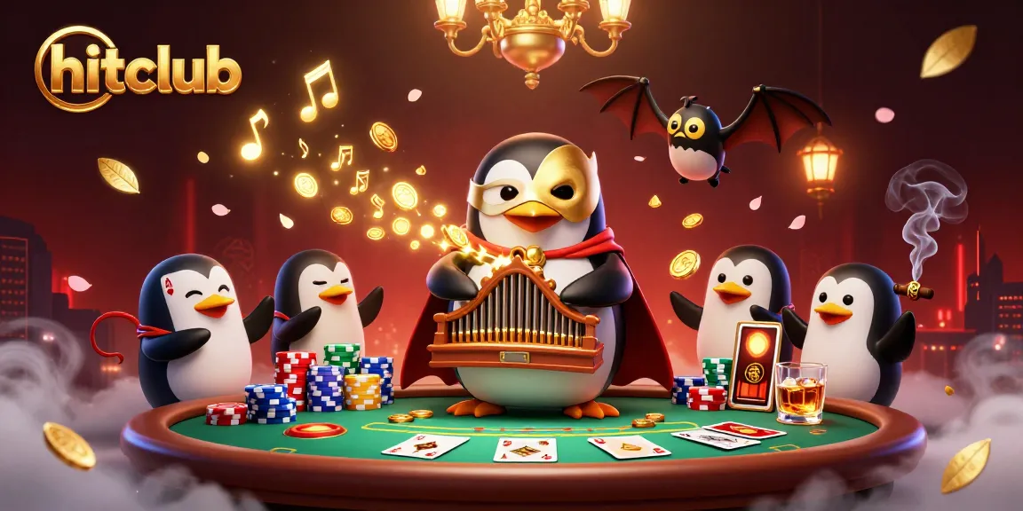 hitclub penguin playing organ in a vibrant casino scene surrounded by poker elements