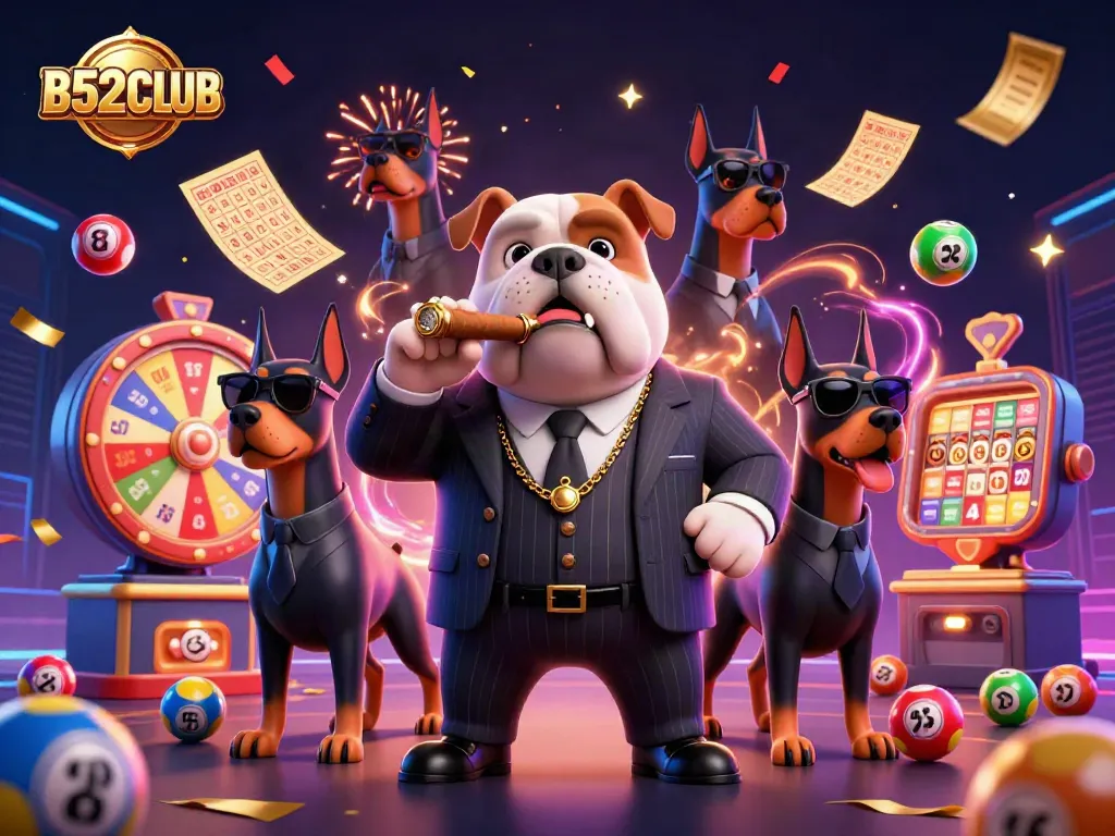 B52CLUB showcases a dynamic scene of a mafia boss bulldog with lottery elements and vibrant confetti.