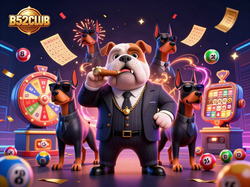 B52CLUB showcases a dynamic scene of a mafia boss bulldog with lottery elements and vibrant confetti.