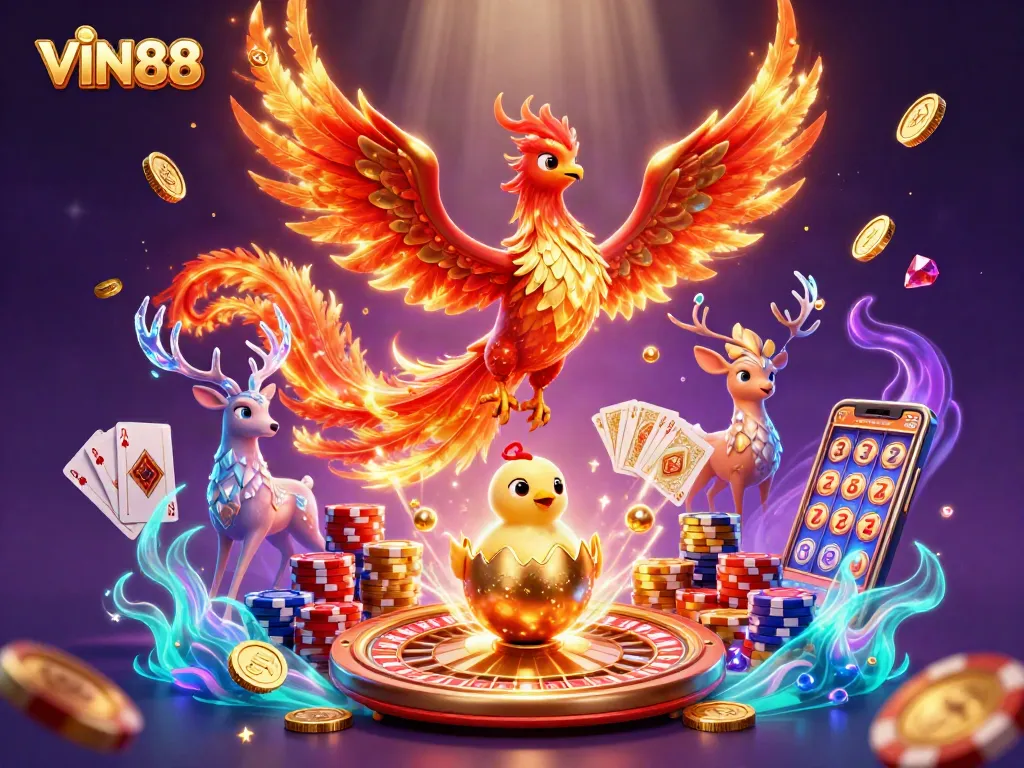 Experience the thrill of winning with VIN88's vibrant casino scene showcasing a phoenix and game elements.