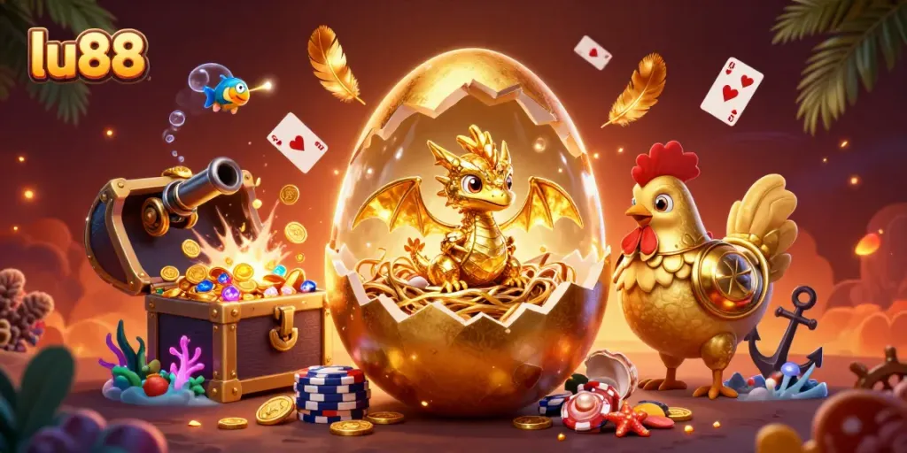 Experience the thrilling victories at lu88 with the golden dragon and poker chips in a vibrant 3D casino scene.