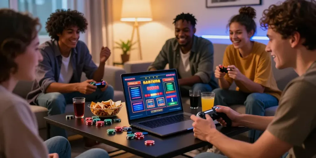 Friends enjoying online gaming at non GamStop casinos with snacks and vibrant decor.