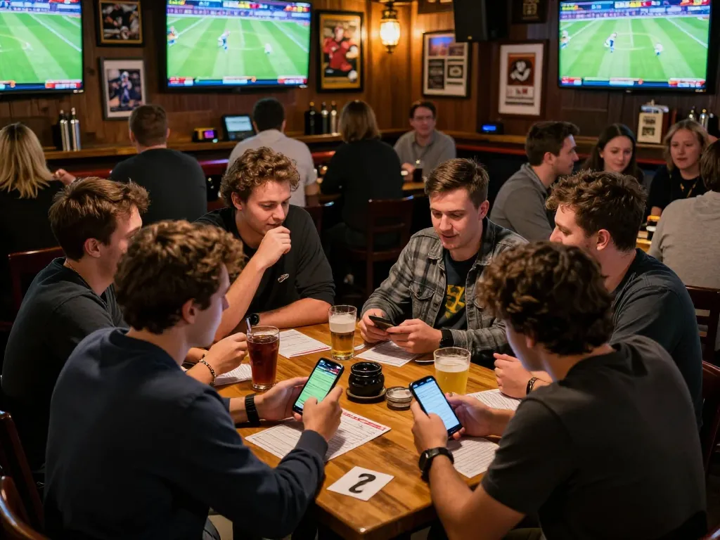 Kèo nhà cái updates showcased in a lively sports bar environment, with friends engaging in exciting betting discussions.