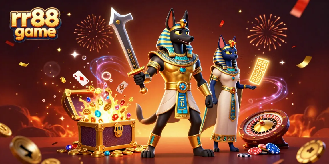 Experience thrilling rr88 game action with Anubis and Bastet amidst casino symbols