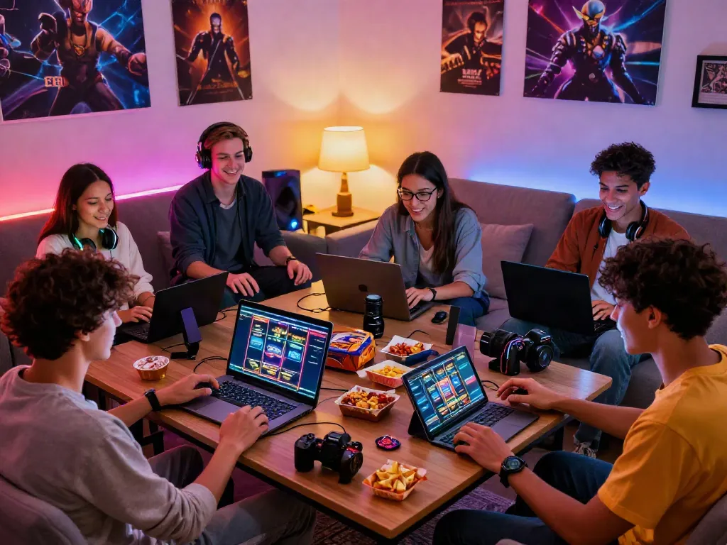 Friends enjoying a gaming night with non GamStop casinos setup, colorful LED lights, and snacks.