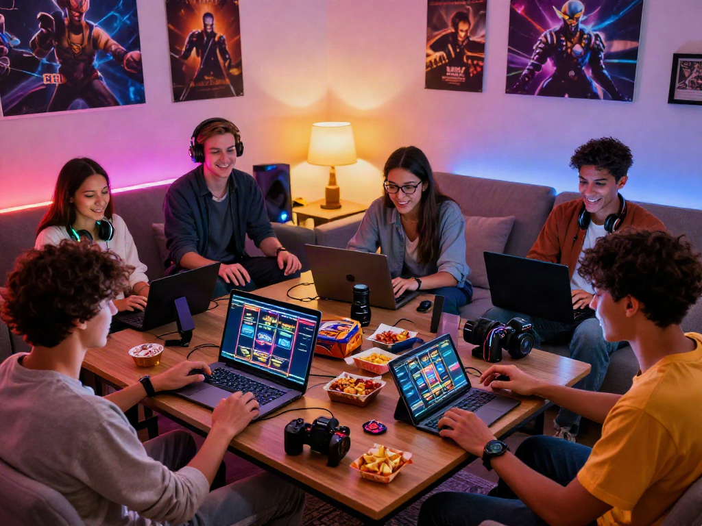Friends enjoying a gaming night with non GamStop casinos setup, colorful LED lights, and snacks.
