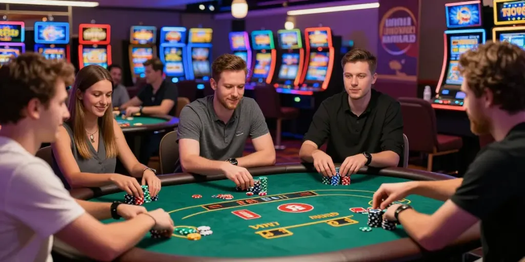 Exciting scene of players at non gamstop casinos enjoying table games with vibrant atmosphere