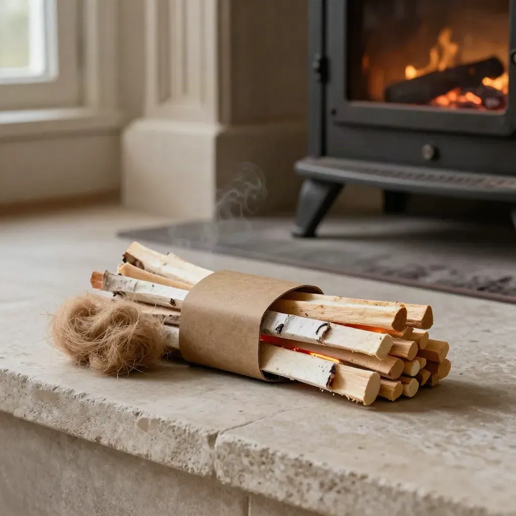 Birch kindling, firelighters and wood wool starter bundle beside a glowing stove hearth