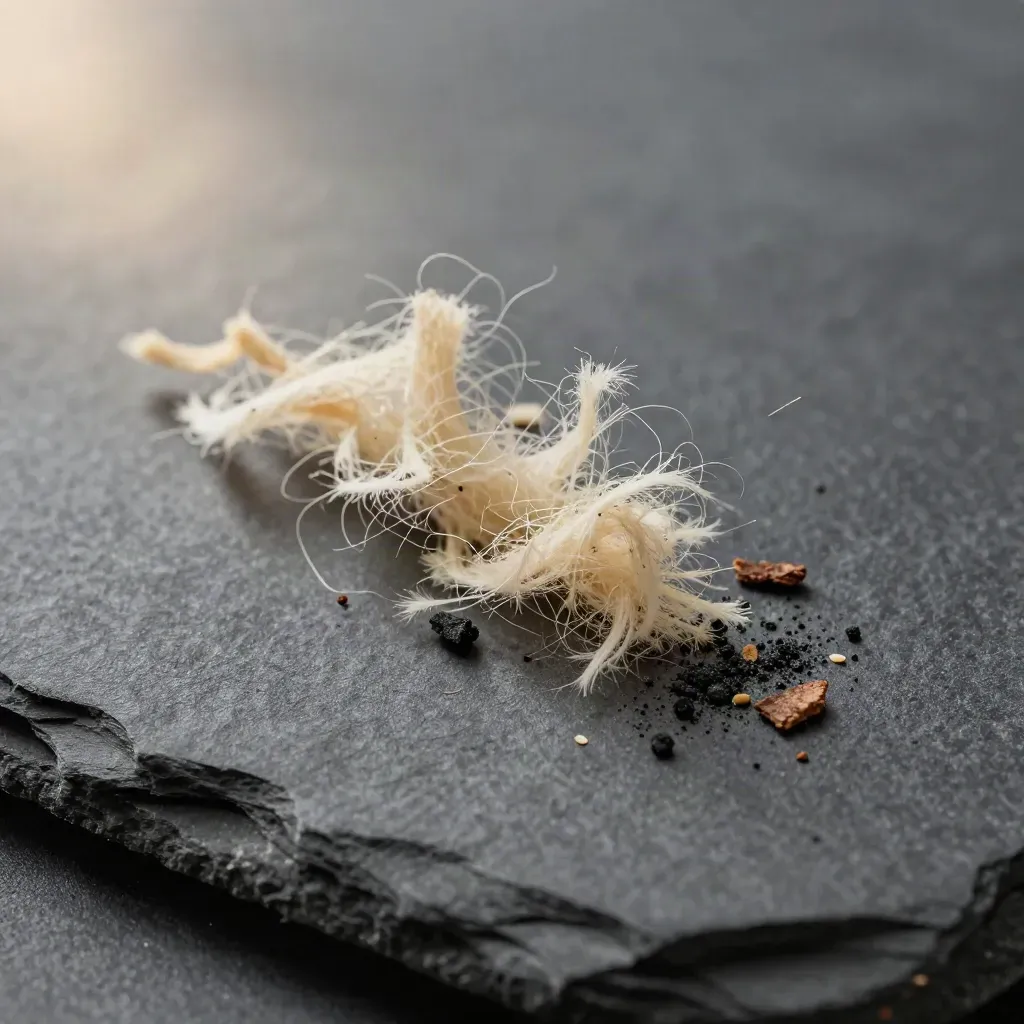 Macro of wood wool fire starters on slate with curled fibres, bark chip and charred flecks.