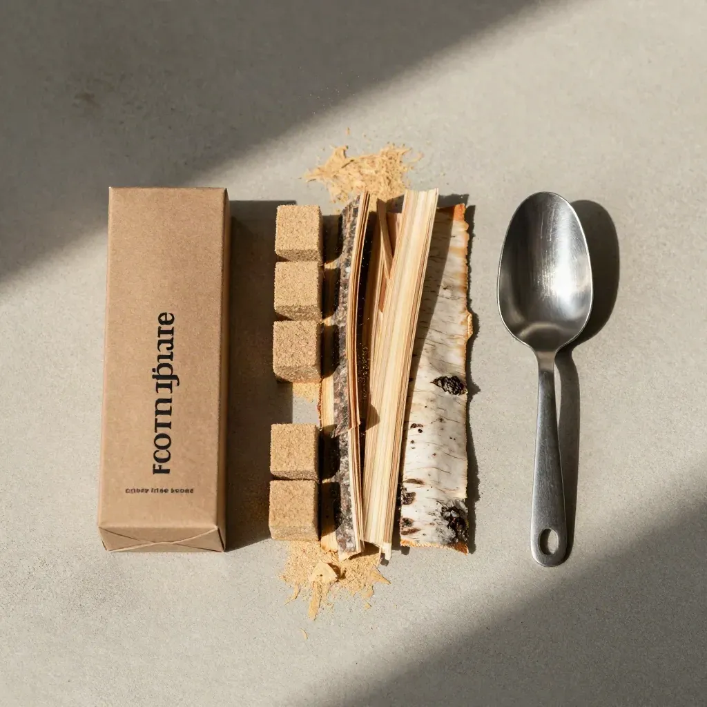 Overhead flatlay of eco firelighters, birch bark and a steel scoop on pale concrete.