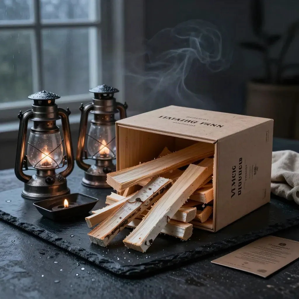 Birch kindling box with sticks, lanterns and firelighter tray on a dark wet plinth at blue hour.