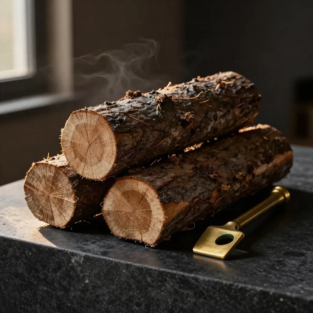Compressed heat logs stacked beside a brass stove tool on dark hearth stone, lit with dramatic rim light.