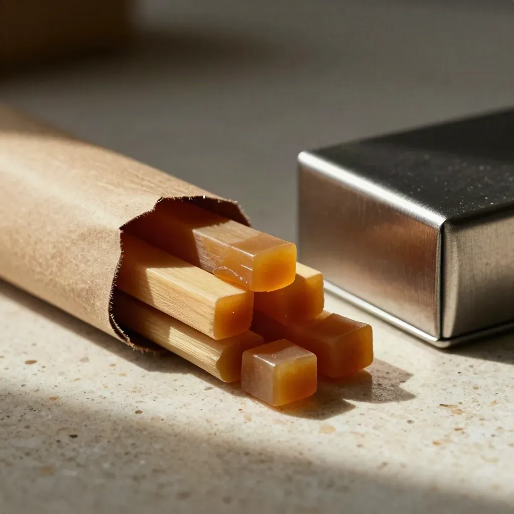 Waxed firelighters, torn kraft wrapping and a brushed steel box on pale travertine in warm side light.