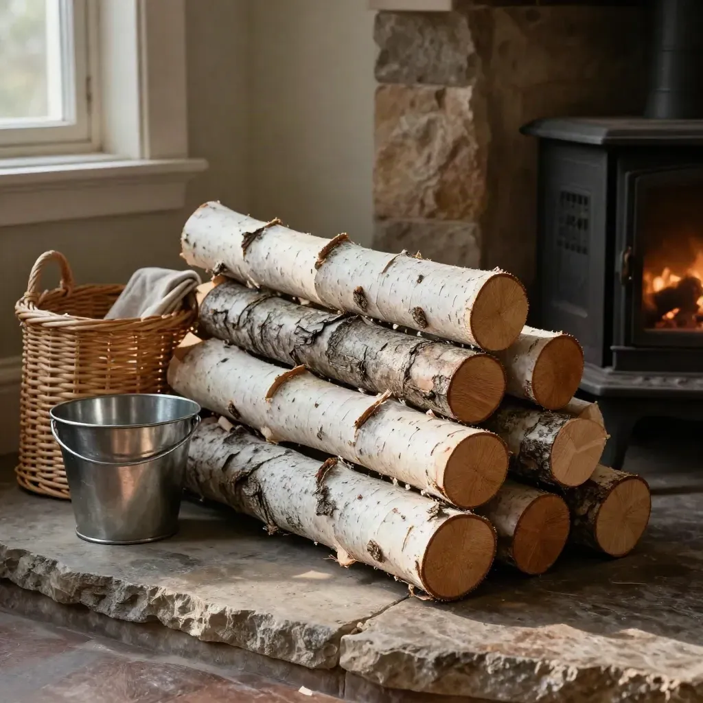 Birch logs beside a woven tote and steel bucket on a stone hearth in soft daylight.