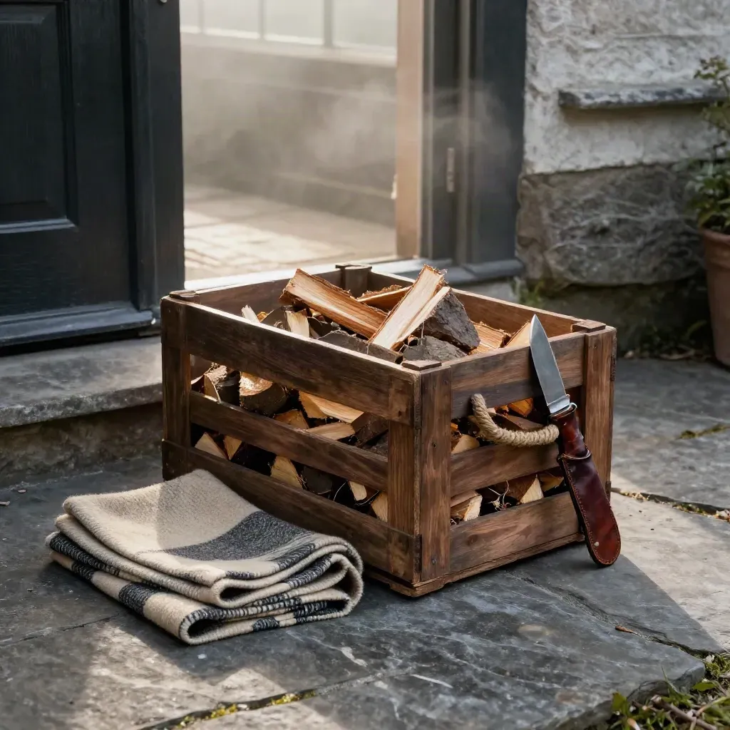Kindling crate with wool blanket and camp knife at a misty cottage threshold.