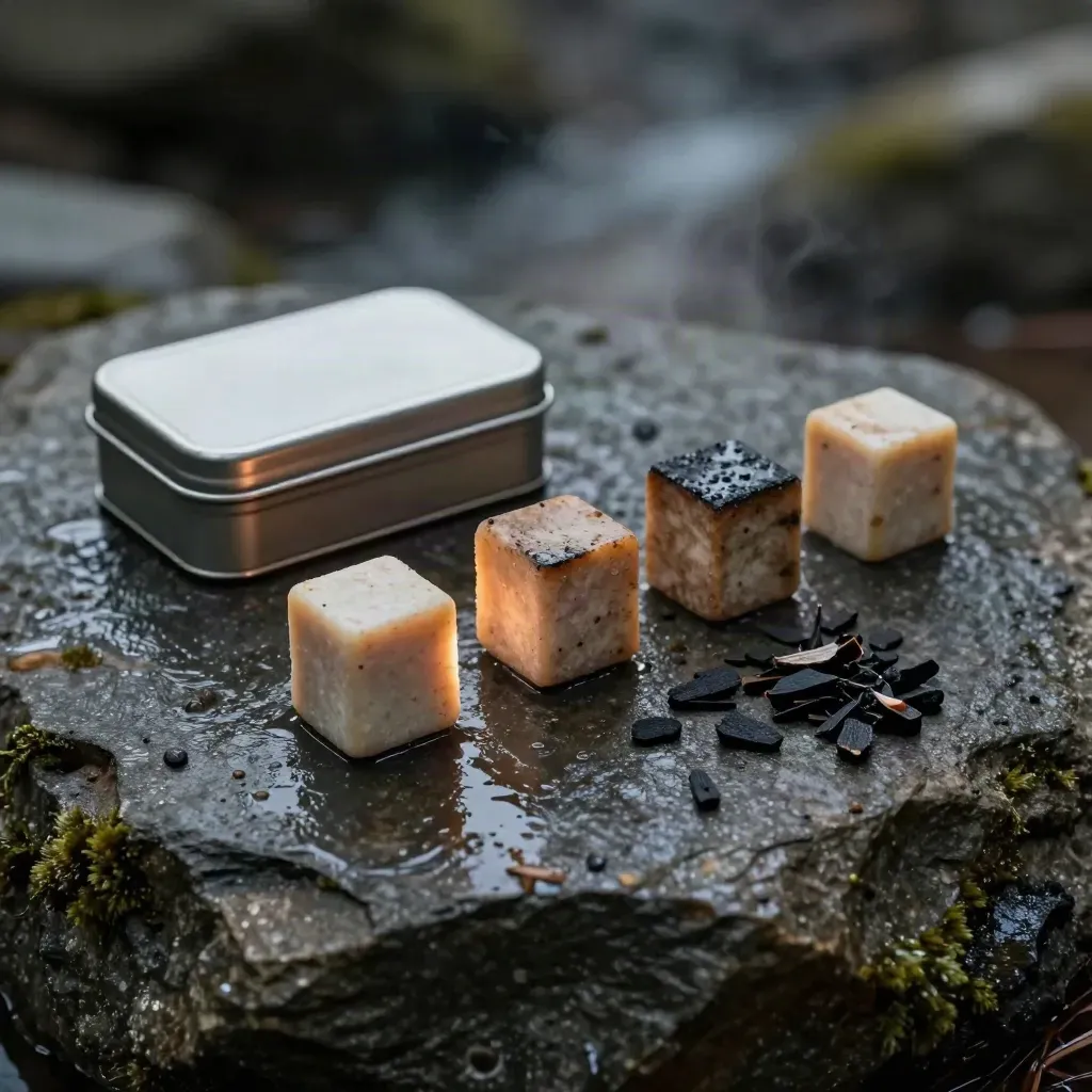 Fire starter cubes, birch chips and a tin tinder box on wet river stone in cool haze