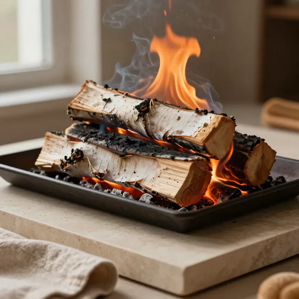 Birch kindling, firelighters and wood wool starters sweep across a hearth with ember glow.