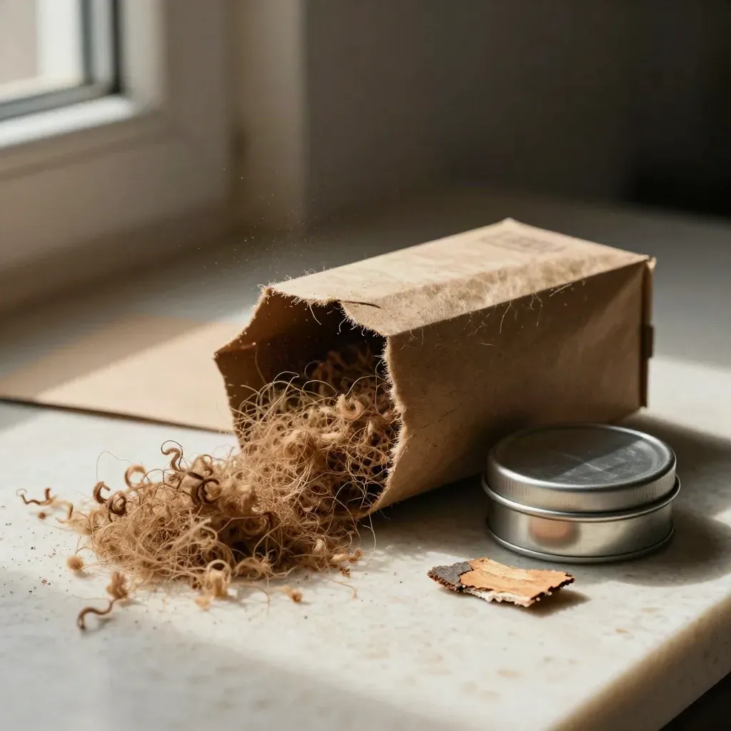 Wood wool fire starters burst from a kraft pack beside a zinc tin and bark shard on travertine.